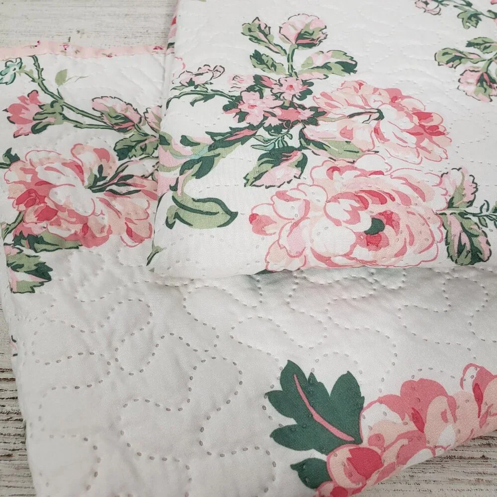 Pair of  Shabby Chic Pink & Green Floral Quilted Pillow Shams Standard Size